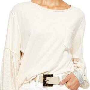 EUC Free People Jade Long Sleeve Pocket Tee Contrast Print Top Ivory Cream Med